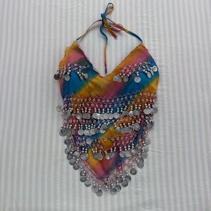 Multicoloured tie-dye halter top with coin and bead details #festival #raver